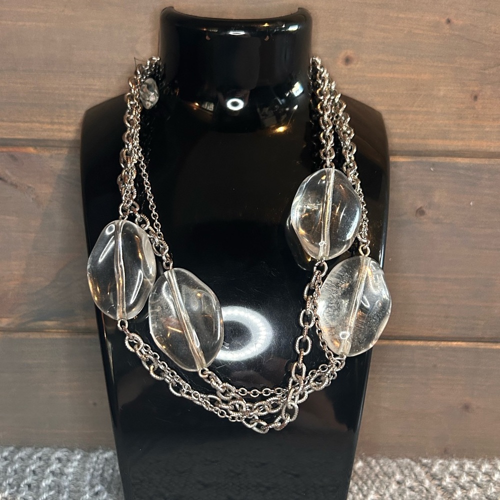 White House Black Market Large Clear Five Bead Vintage Silver Tone Necklace.
